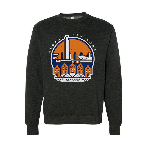 Albany, New York crewneck by Upstate of Mind. Featuring a blue, white, and orange design of the Albany skyline, The Egg, apartments, and a bridge. Text reads: "Albany New York - Upstate of Mind".