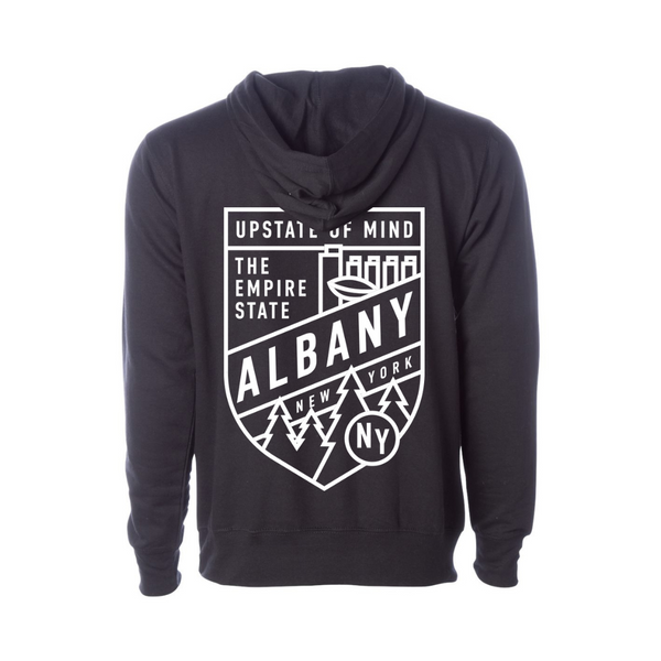 Photo: Back of The Standard Albany Upstate Hoodie. Black hooded sweatshirt with white drawstrings and a white screen printed Albany crest design. Back shows an enlarged crest. Made by Upstate of Mind.