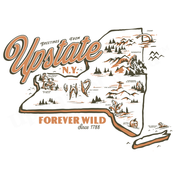 Artwork for our newest tee of the month: Upstate Legends & Lore - Cryptids Tee featuring Upstate cryptids such as Champ, Sasquatch, and more!