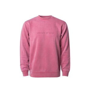 The Upstate of Mind Standard Stitch Crewneck in Raspberry. Features an embroidered stitch text, "Upstate Of Mind", on the front of the crewneck.