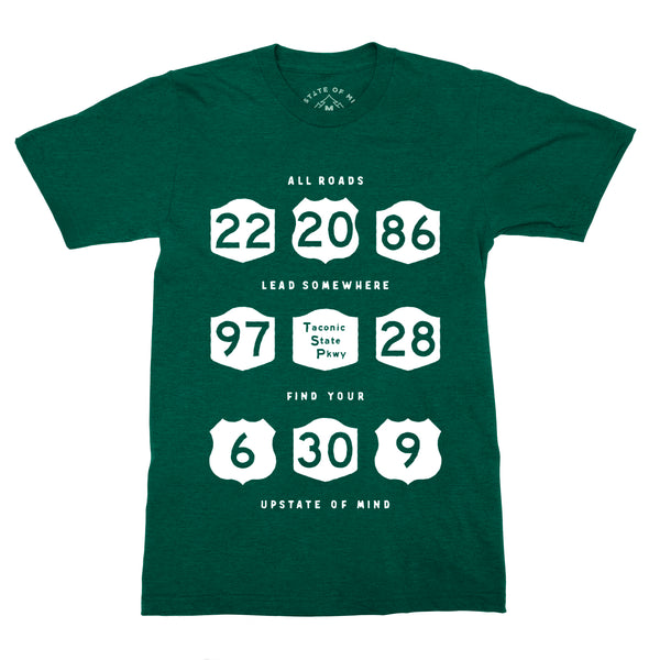All Roads Tee in Forest Heather. Features local Upstate highway signs with text that reads "All Roads Lead Somewhere, Upstate of Mind".