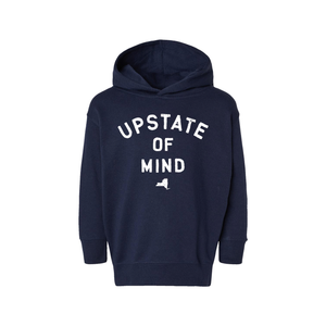 Our Upstate of Mind Toddler Hoodie in navy blue. Graphic read "Upstate of Mind" in white text and includes a small silhouette of New York State underneath.