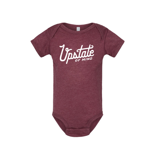 Our Heritage Script Upstate of Mind infant bodysuit in burgundy.