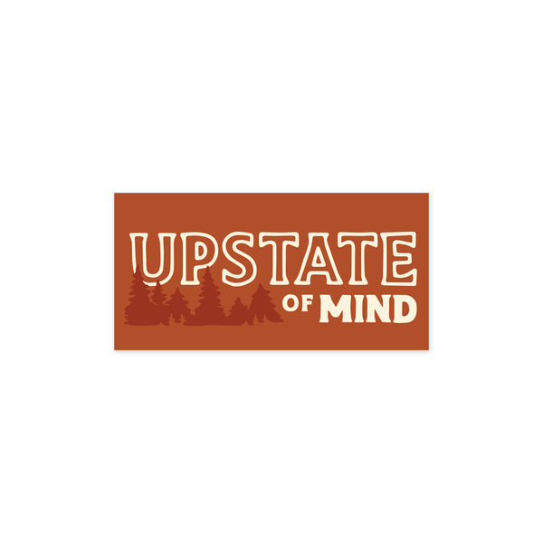 Upstate of Mind Bumper Sticker | Orange background with darker orange trees and tan text that reads "Upstate of Mind".