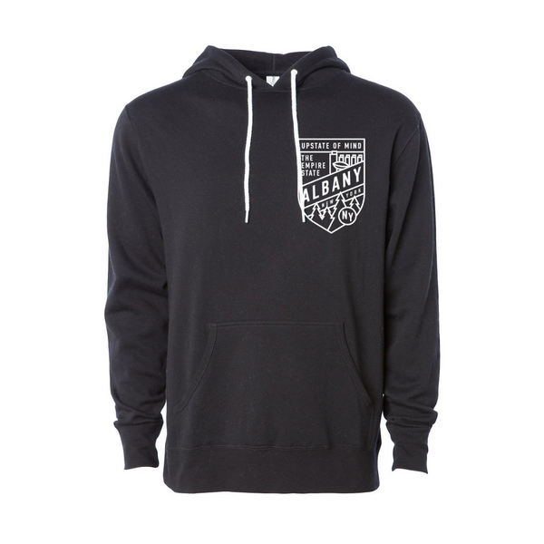 The Standard Albany Upstate Hoodie. Black hooded sweatshirt with white drawstrings and a white screen printed Albany crest design. Made by Upstate of Mind.