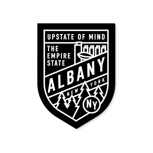 Albany Standard Crest sticker, featuring a black and white design of the city of Albany. Text reads "Upstate of Mind" and "The Empire State".