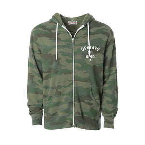 A camo zip-up Upstate of Mind hoodie with a white zipper and hoodie strings.
