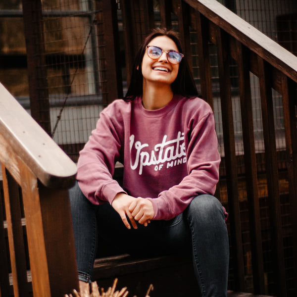 Upstate of Mind Heritage Script Crewneck - Raspberry Wash