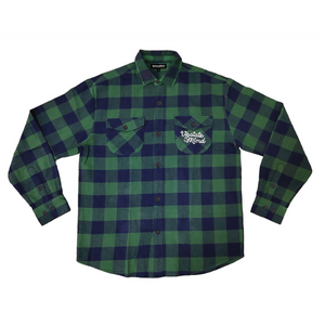 UOM Chain Stitch Woven Button-Up Flannel - Forest Plaid. Text on the front left chest pocket is in script and reads "Upstate of Mind".