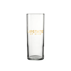 A product photo for our Troy New York - Golden Pilsner Glass. White background, glass is clear, with "Upstate of Mind" text on the front.