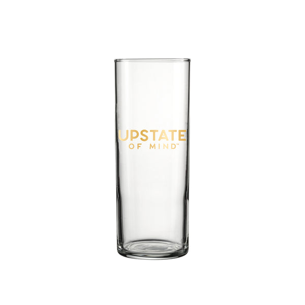 A product photo for our Troy New York - Golden Pilsner Glass. White background, glass is clear, with "Upstate of Mind" text on the front.