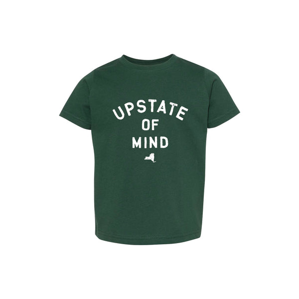 Upstate of Mind Toddler Tee in Forest Green / Dark Green, featuring an Upstate of Mind exclusive white screen printed design on the chest.