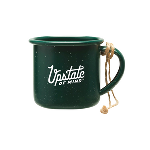 Our small Heritage Holiday Ornament in green. Tied with twine and has white text that reads "Upstate of Mind" on the front of the tiny mug ornament.
