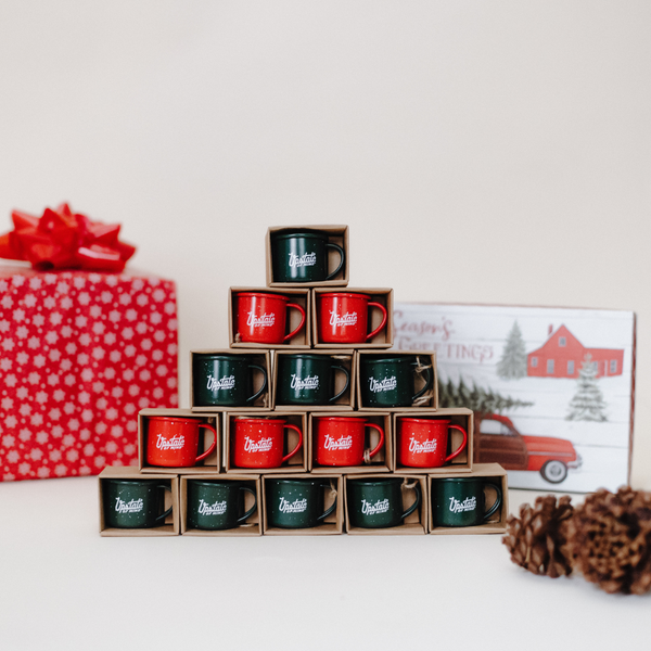 A showcase of our green and red holiday mug ornaments in a holiday themed setting.
