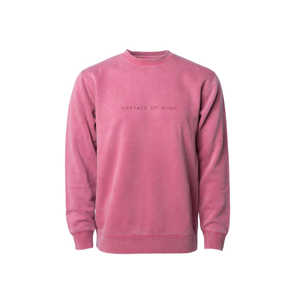The Upstate of Mind Standard Stitch Crewneck in Raspberry. Features an embroidered stitch text, "Upstate Of Mind", on the front of the crewneck.