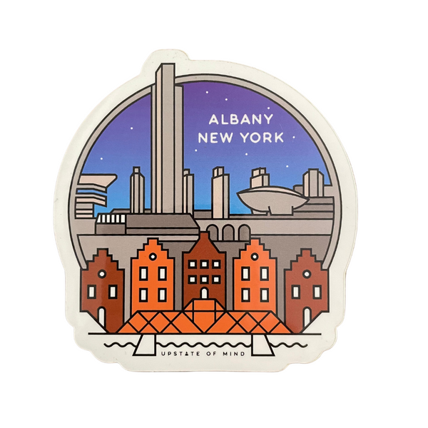 A photo of Albany Skyline sticker. Artwork is of Albany City. Sky is purple and blue, apartments are shades of red, and the skyline is grey. Text reads "Albany New York".