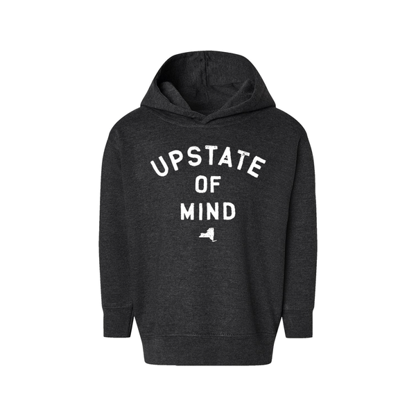 Our Upstate of Mind Toddler Hoodie in charcoal. Graphic read "Upstate of Mind" in white text and includes a small silhouette of New York State underneath.