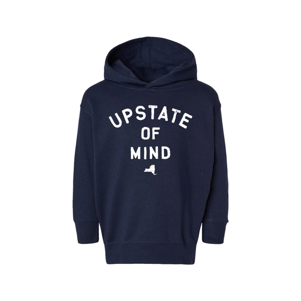 Our Upstate of Mind Toddler Hoodie in navy blue. Graphic read "Upstate of Mind" in white text and includes a small silhouette of New York State underneath.
