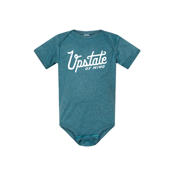 Our Heritage Script Upstate of Mind infant bodysuit in denim blue.