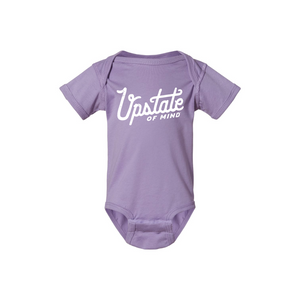 Our Heritage Script Upstate of Mind infant bodysuit in lavender.