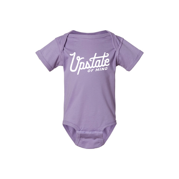 Our Heritage Script Upstate of Mind infant bodysuit in lavender.