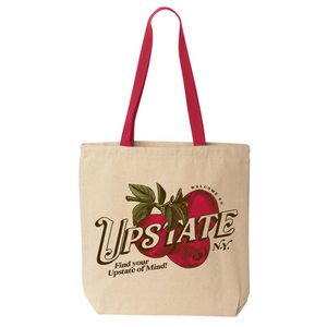 Welcome To Upstate Tote Bag with a graphic of vintage drawn apples with text that reads "Welcome to Upstate, NY. Find your Upstate of Mind!"