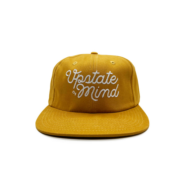 UOM Chain Stitch Cap - Washed Mustard Yellow. Scripted text on front reads "Upstate of Mind'.