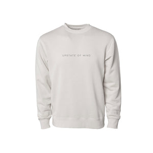 The Upstate of Mind Standard Stitch Crewneck in Ivory. Features an embroidered stitch text, "Upstate Of Mind", on the front of the crewneck.