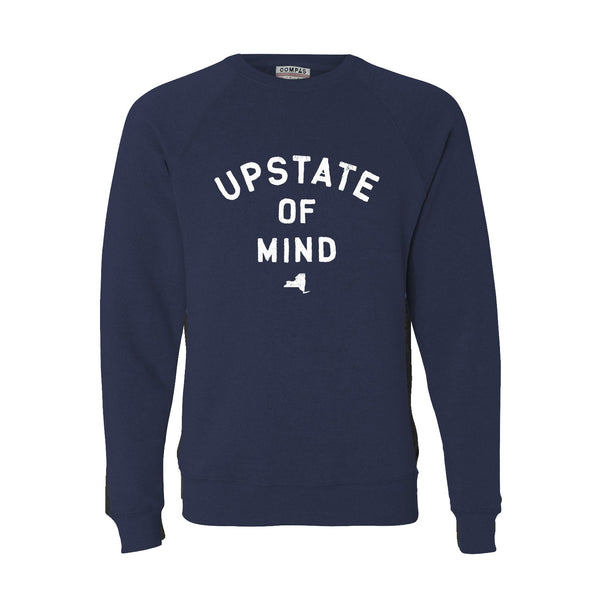 Upstate of Mind Crewneck - Midnight Heather. The Upstate of Mind Crewneck is a super soft polyester/cotton blend fleece. We used the finest inks for soft cozy feel on this graphic fleece. Features text that reads "Upstate of Mind" with a small silhouette of New York State underneath.
